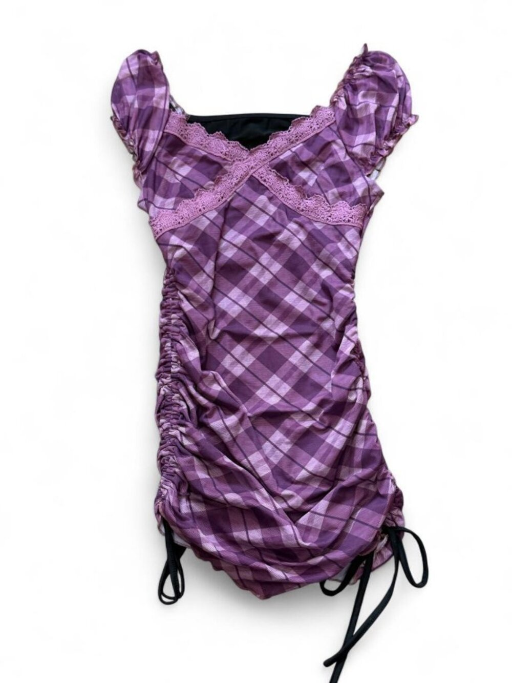 Purple Plaid Ruched Mini Dress Lace V-Neck Size S